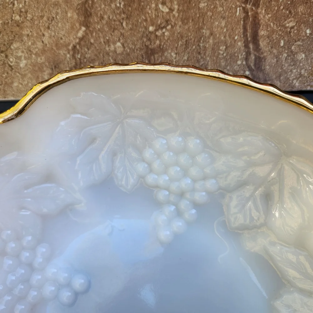 Vintage Anchor Hocking Milkglass Bowl With Grape & Vine Pattern and Gold Trim